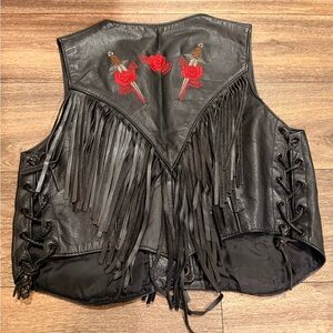 Park V Black Leather Fringe Vest Rose Dagger Embroidery Western Biker Women M